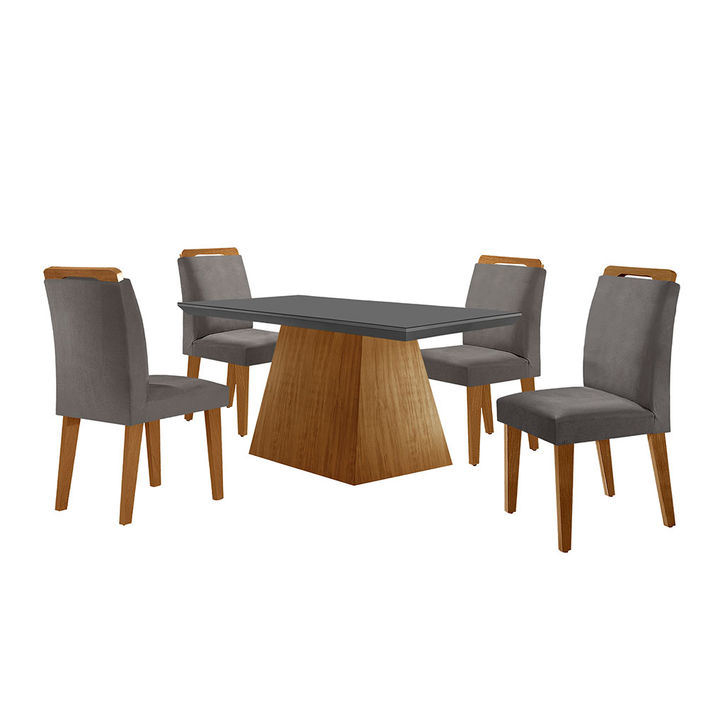 Conjunto de Mesa de Jantar Retangular com Tampo de Vidro Luna e 4 Cadeiras Athenas Veludo Grafite e Imbuia