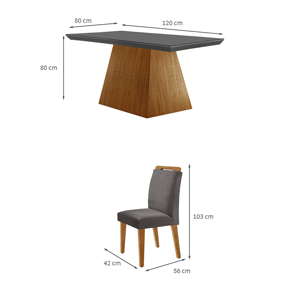 Conjunto de Mesa de Jantar Retangular com Tampo de Vidro Luna e 4 Cadeiras Athenas Veludo Grafite e Imbuia
