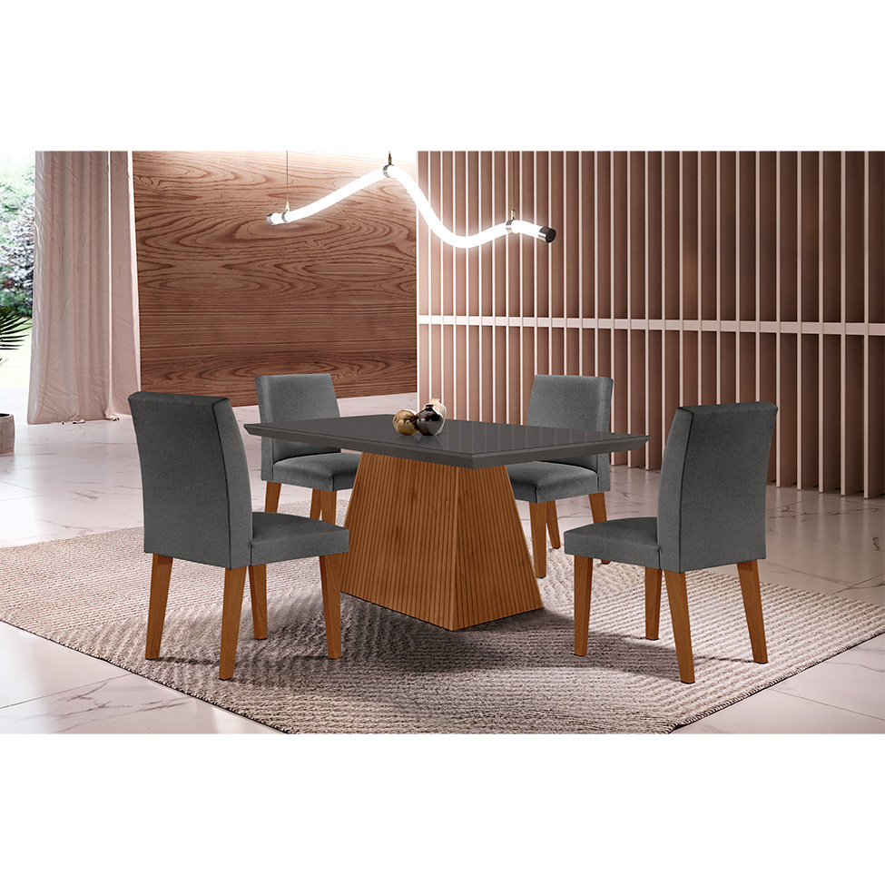 Conjunto de Mesa de Jantar Retangular com Tampo de Vidro Luna e 4 Cadeiras Grécia Linho Grafite e Imbuia