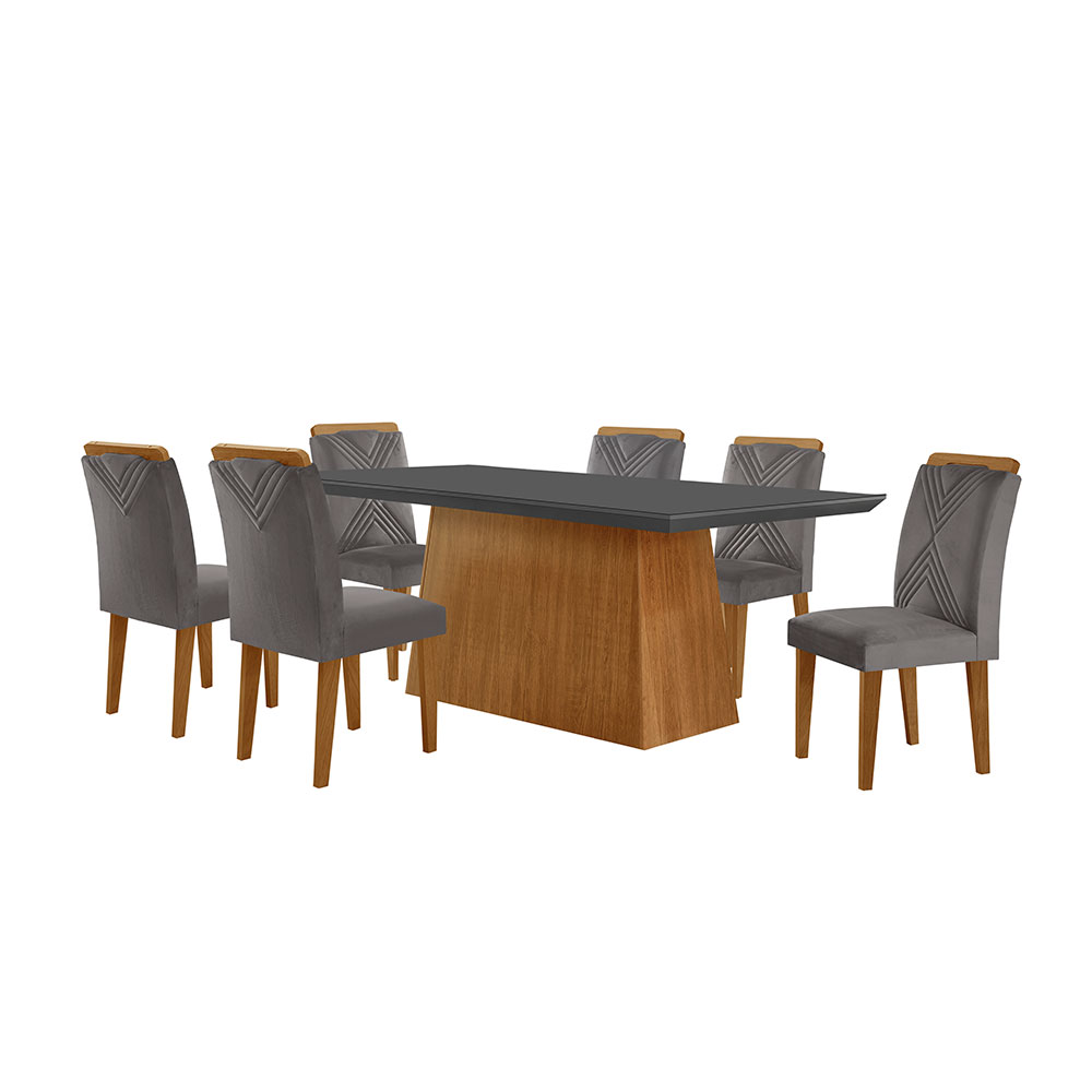 Conjunto de Mesa de Jantar Retangular com Tampo de Vidro Luna e 6 Cadeiras Italia Veludo Grafite e Imbuia