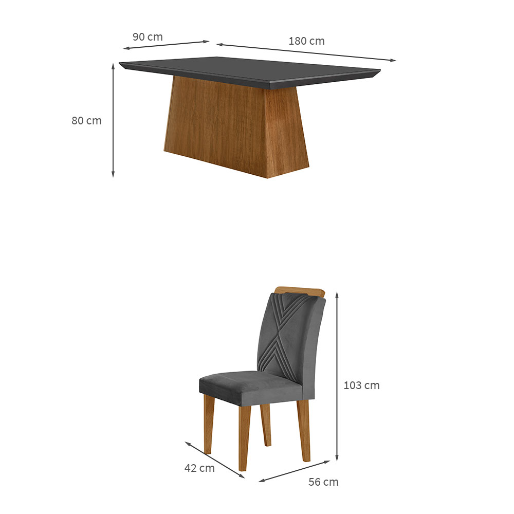Conjunto de Mesa de Jantar Retangular com Tampo de Vidro Luna e 6 Cadeiras Italia Veludo Grafite e Imbuia