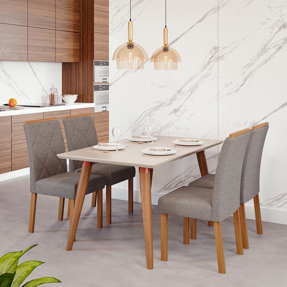Conjunto de Mesa de Jantar Retangular com Tampo de Vidro Off White Adele e 4 Cadeiras Fernanda Linho Grafite e Madeira
