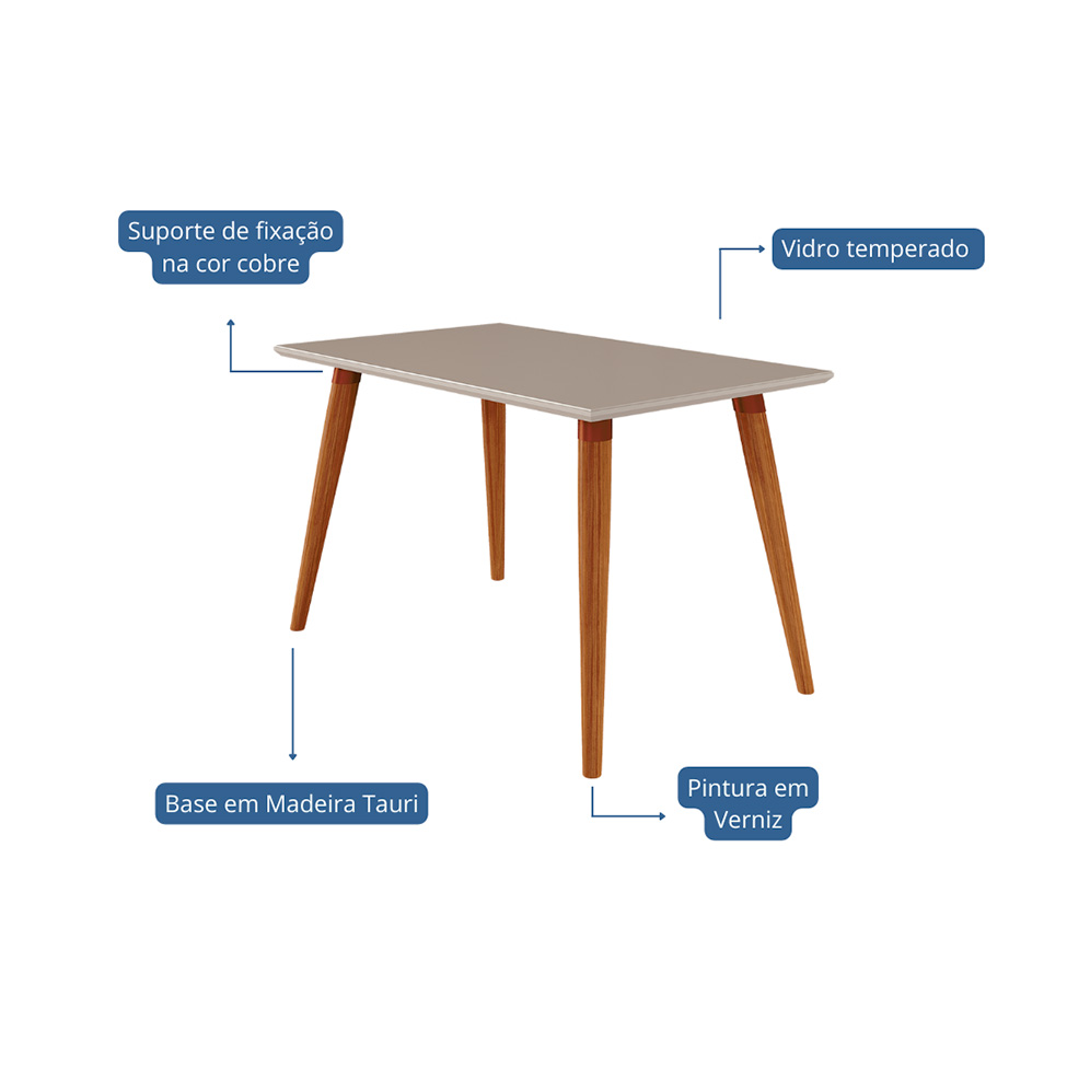 Conjunto de Mesa de Jantar Retangular com Tampo de Vidro Off White Adele e 4 Cadeiras Fernanda Linho Grafite e Madeira