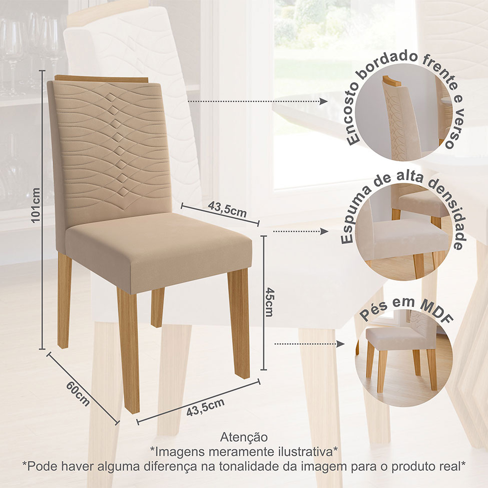 Conjunto de Mesa de Jantar Retangular com Tampo de Vidro Off White Agata e 4 Cadeiras Clarice Suede Nude e Nature