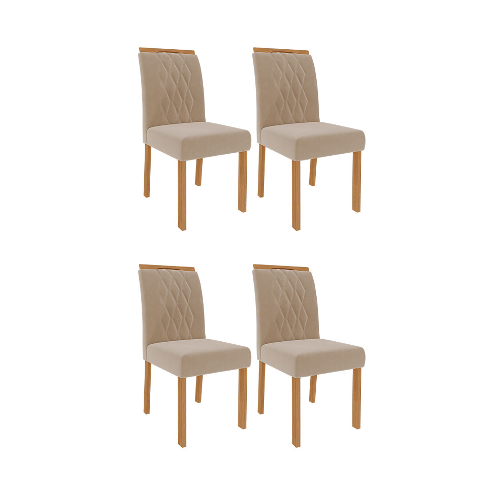 Conjunto de Mesa de Jantar Retangular com Tampo de Vidro Off White Agata e 4 Cadeiras Juliana Suede Nude e Nature