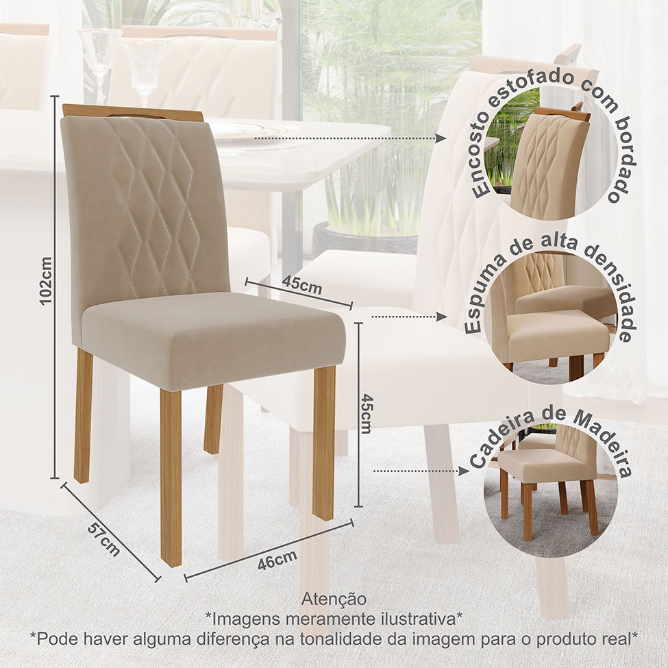 Conjunto de Mesa de Jantar Retangular com Tampo de Vidro Off White Agata e 4 Cadeiras Juliana Suede Nude e Nature