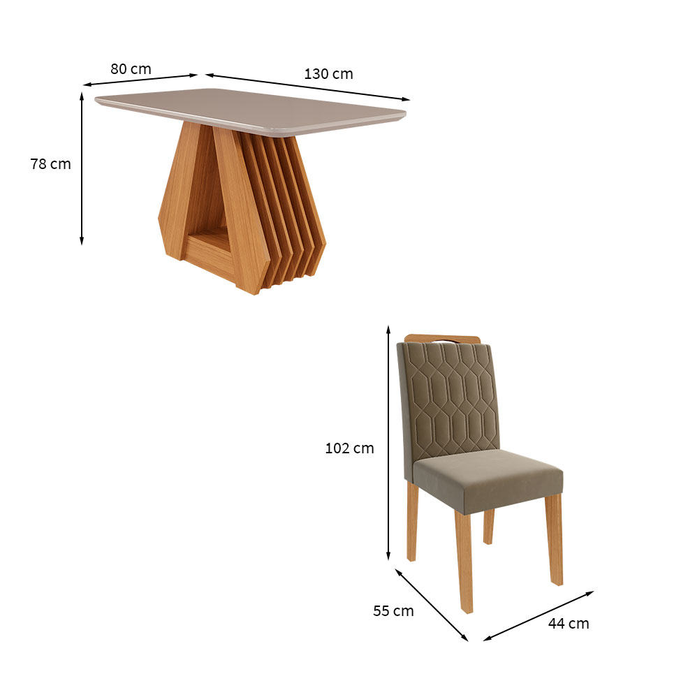 Conjunto de Mesa de Jantar Retangular com Tampo de Vidro Off White Agata e 4 Cadeiras Paola Suede Joli e Nature