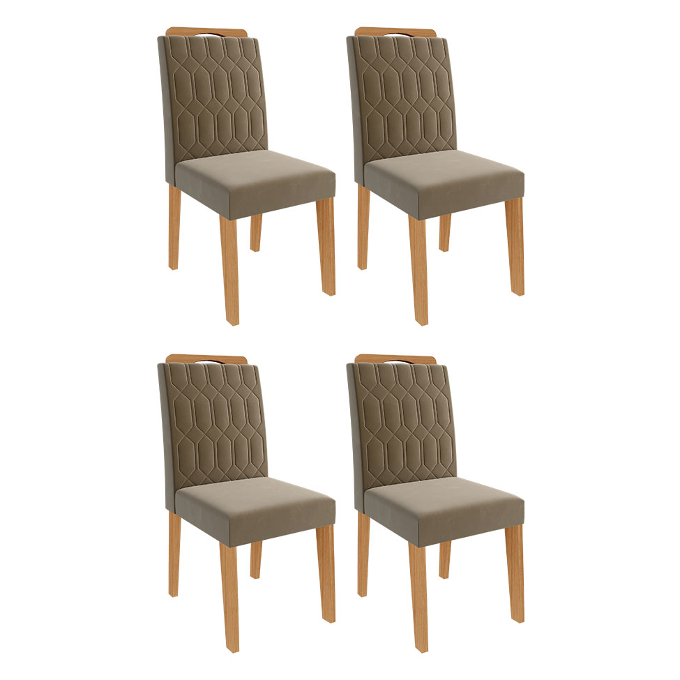 Conjunto de Mesa de Jantar Retangular com Tampo de Vidro Off White Agata e 4 Cadeiras Paola Suede Joli e Nature