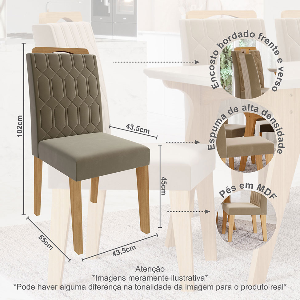 Conjunto de Mesa de Jantar Retangular com Tampo de Vidro Off White Agata e 4 Cadeiras Paola Suede Joli e Nature
