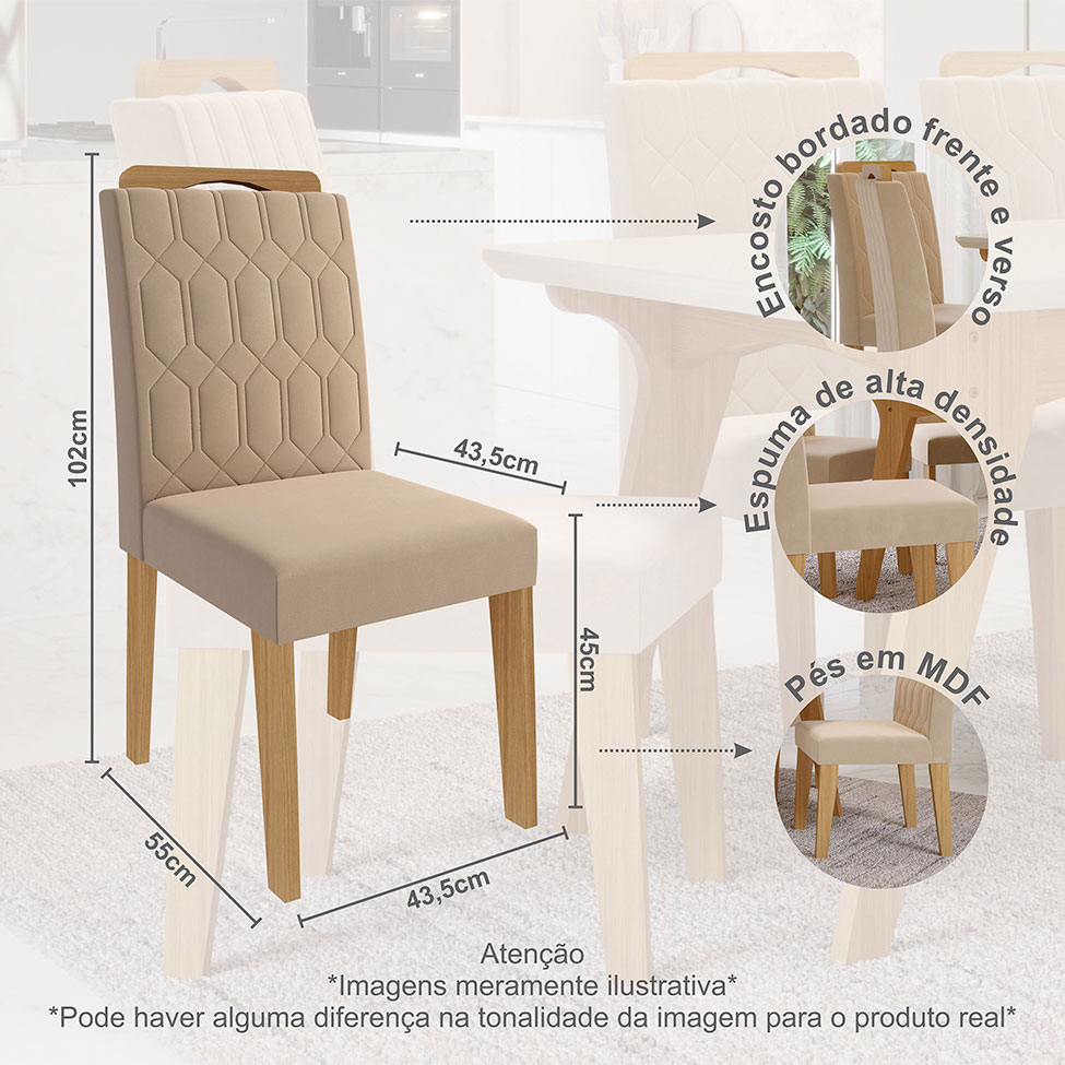 Conjunto de Mesa de Jantar Retangular com Tampo de Vidro Off White Agata e 4 Cadeiras Paola Suede Nude e Nature