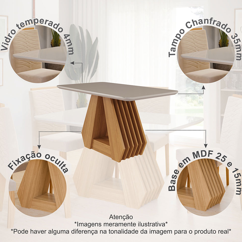 Conjunto de Mesa de Jantar Retangular com Tampo de Vidro Off White Agata e 4 Cadeiras Paola Suede Nude e Nature