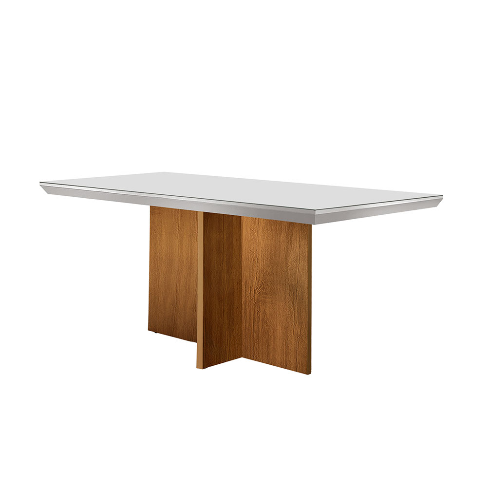 Conjunto de Mesa de Jantar Retangular com Tampo de Vidro Off White Berlim e 4 Cadeiras Alegra Linho Bege e Imbuia