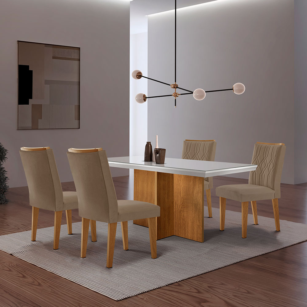 Conjunto de Mesa de Jantar Retangular com Tampo de Vidro Off White Berlim e 4 Cadeiras Alegra Veludo Capuccino e Imbuia