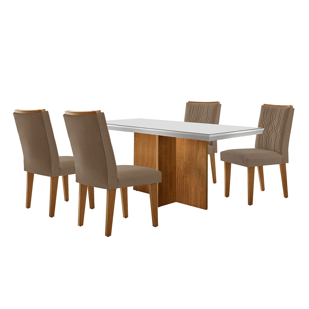 Conjunto de Mesa de Jantar Retangular com Tampo de Vidro Off White Berlim e 4 Cadeiras Alegra Veludo Capuccino e Imbuia
