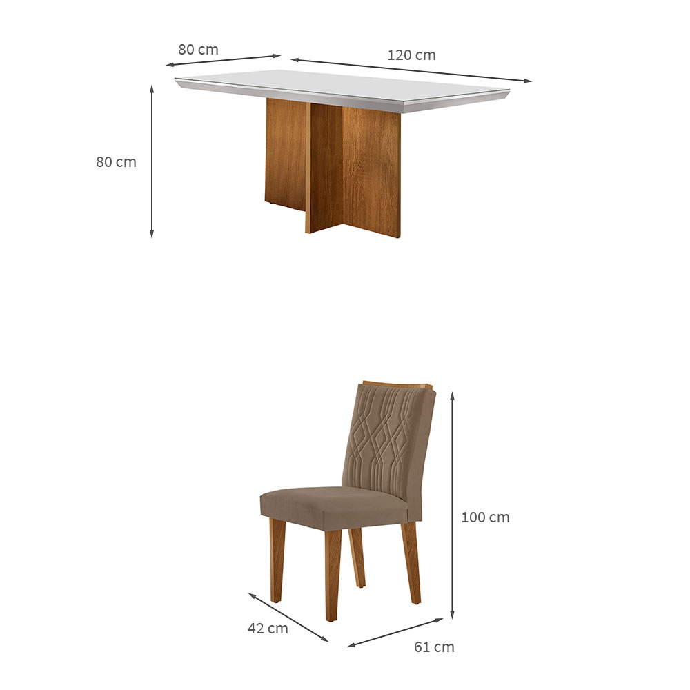 Conjunto de Mesa de Jantar Retangular com Tampo de Vidro Off White Berlim e 4 Cadeiras Alegra Veludo Capuccino e Imbuia
