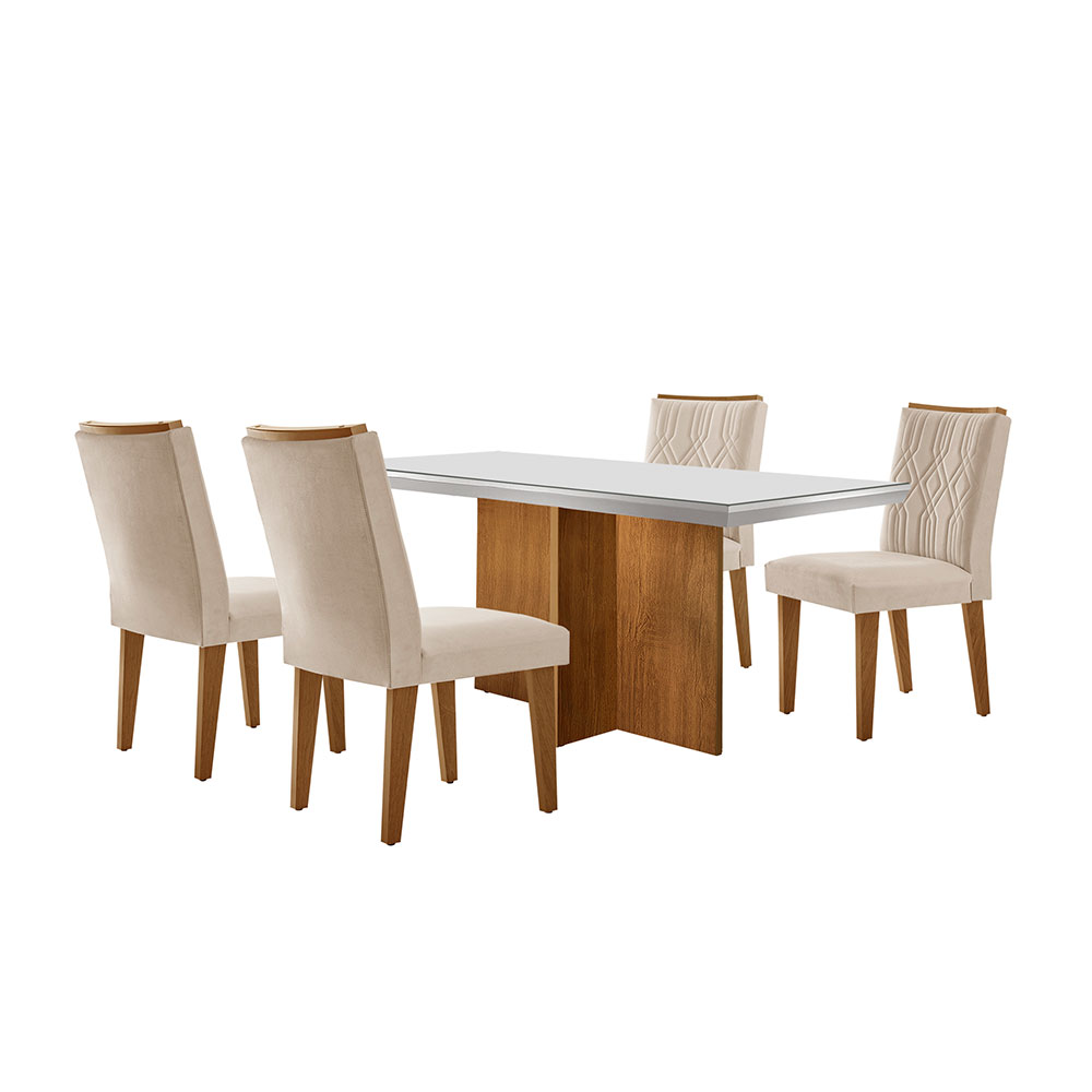 Conjunto de Mesa de Jantar Retangular com Tampo de Vidro Off White Berlim e 4 Cadeiras Alegra Veludo Creme e Imbuia