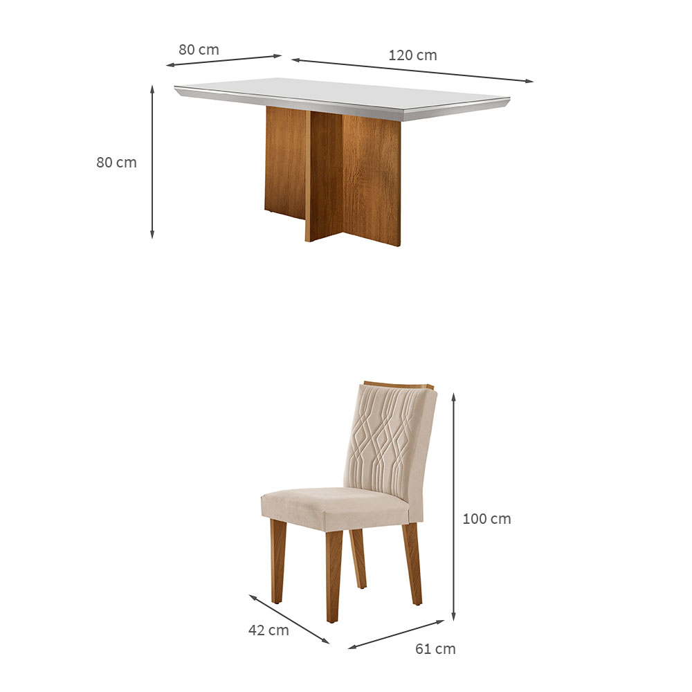 Conjunto de Mesa de Jantar Retangular com Tampo de Vidro Off White Berlim e 4 Cadeiras Alegra Veludo Creme e Imbuia