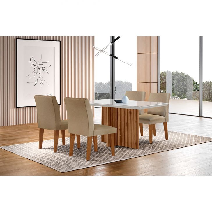 Conjunto de Mesa de Jantar Berlim II com Tampo de Vidro Off White e 4  Cadeiras Grécia Veludo Creme