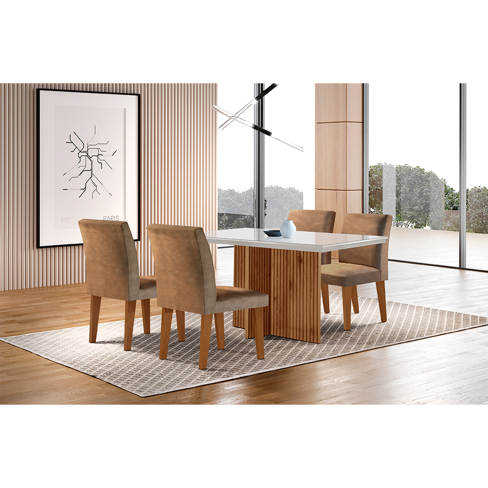 Conjunto de Mesa de Jantar Retangular com Tampo de Vidro Off White Berlim e 4 Cadeiras Bélgica Suede Animalle Chocolate e Imbuia