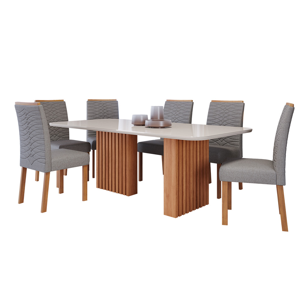 Conjunto de Mesa de Jantar Retangular com Tampo de Vidro Off White Ester e 6 Cadeiras Clarice Linho Grafite e Cinamomo