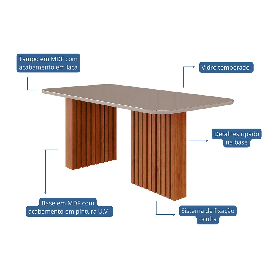 Conjunto de Mesa de Jantar Retangular com Tampo de Vidro Off White Ester e 6 Cadeiras Clarice Linho Grafite e Cinamomo