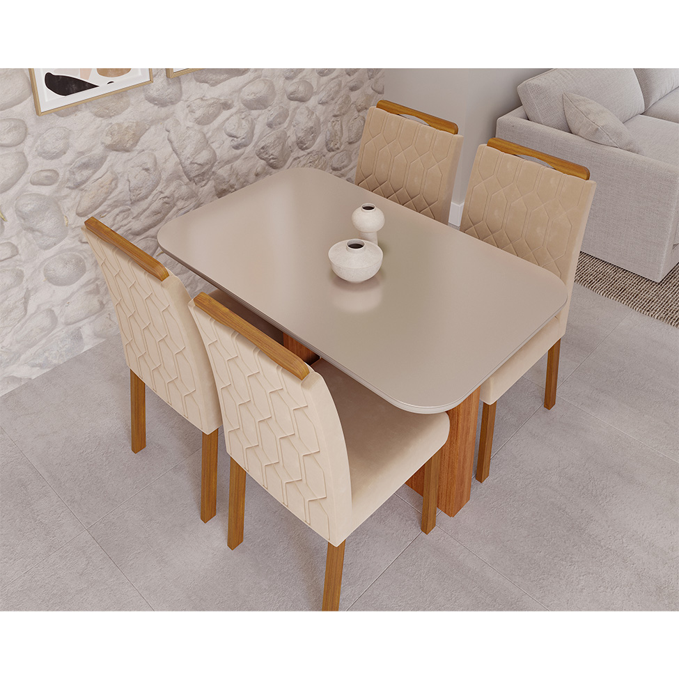 Conjunto de Mesa de Jantar Retangular com Tampo de Vidro Off White Louise e 4 Cadeiras Paola Suede Nude e Cinamomo