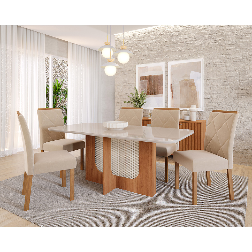 Conjunto de Mesa de Jantar Retangular com Tampo de Vidro Off White Louise e 6 Cadeiras Fernanda Suede Nude e Cinamomo