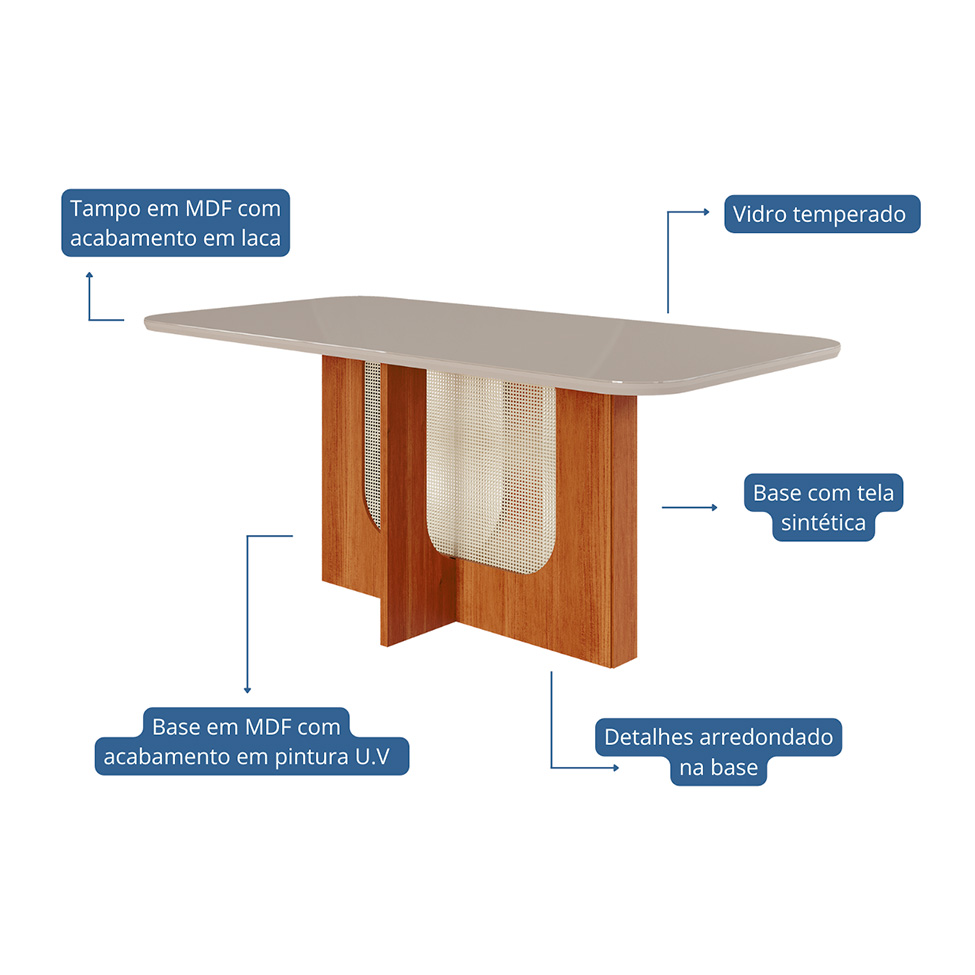 Conjunto de Mesa de Jantar Retangular com Tampo de Vidro Off White Louise e 6 Cadeiras Fernanda Suede Nude e Cinamomo