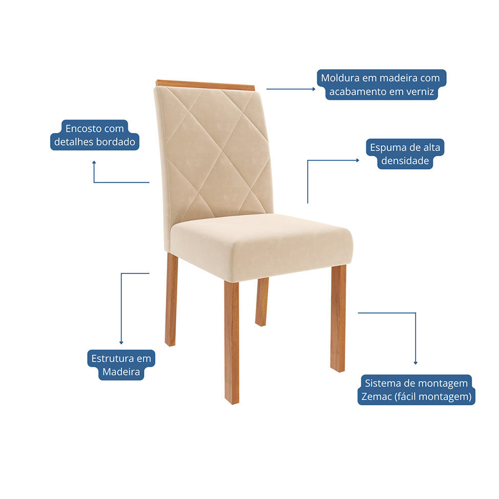 Conjunto de Mesa de Jantar Retangular com Tampo de Vidro Off White Louise e 6 Cadeiras Fernanda Suede Nude e Cinamomo