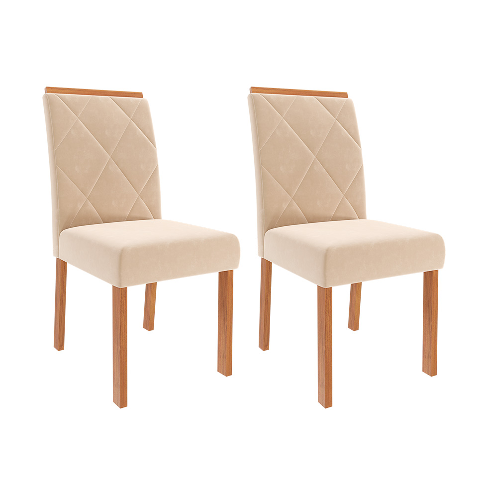 Conjunto de Mesa de Jantar Retangular com Tampo de Vidro Off White Louise e 6 Cadeiras Fernanda Suede Nude e Cinamomo