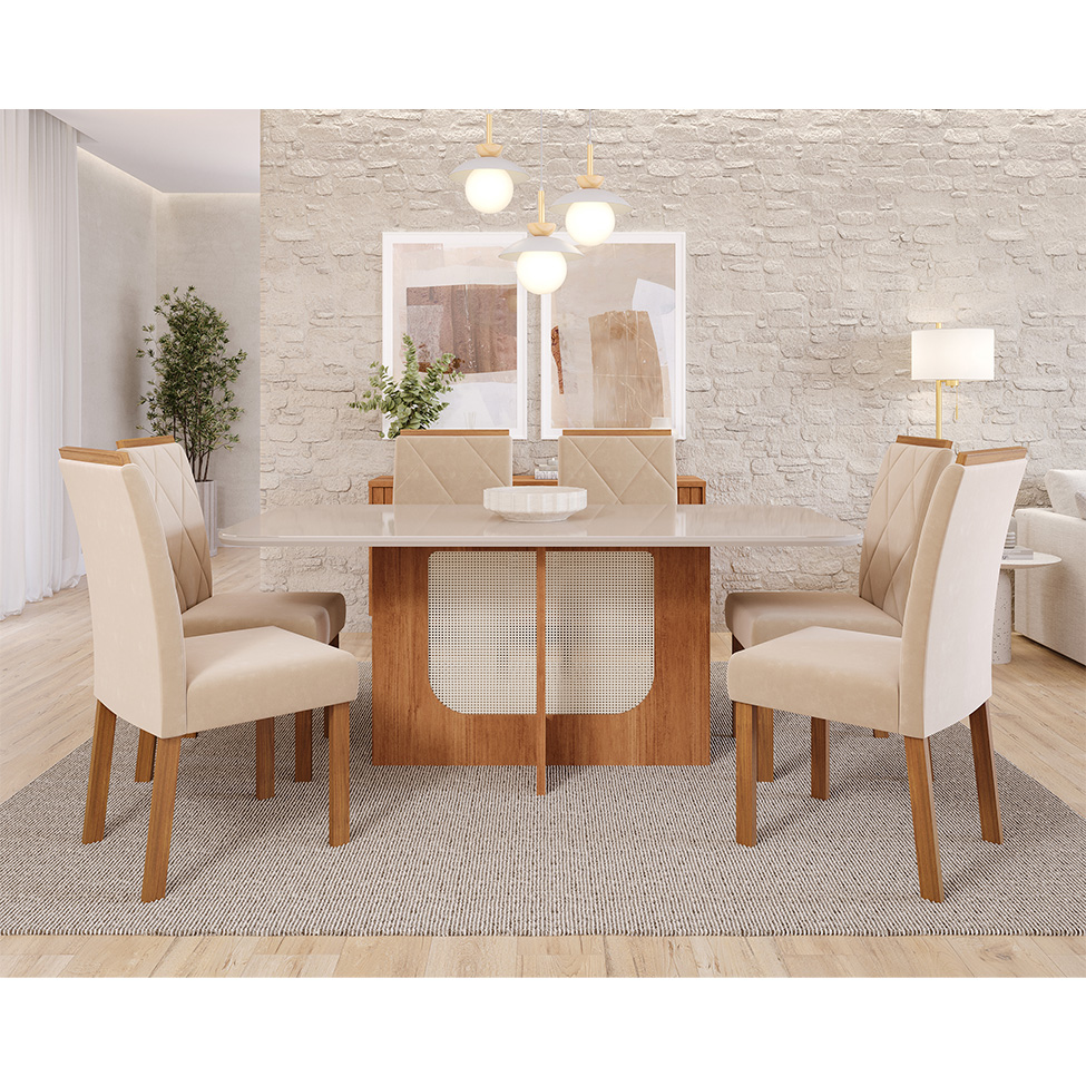 Conjunto de Mesa de Jantar Retangular com Tampo de Vidro Off White Louise e 6 Cadeiras Fernanda Suede Nude e Cinamomo