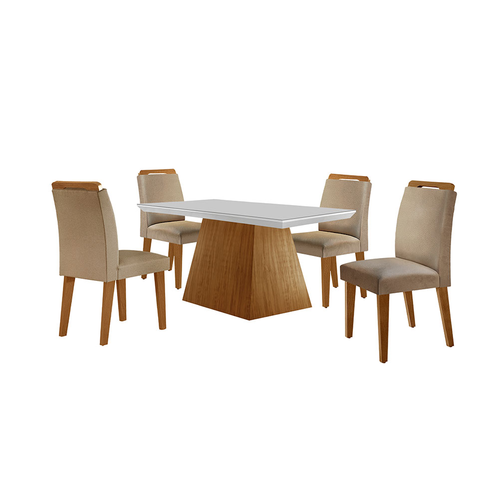 Conjunto de Mesa de Jantar Retangular com Tampo de Vidro Off White Luna e 4 Cadeiras Athenas Linho Bege e Imbuia