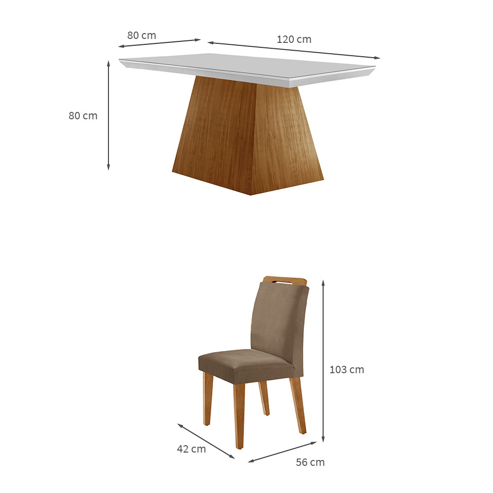 Conjunto de Mesa de Jantar Retangular com Tampo de Vidro Off White Luna e 4 Cadeiras Athenas Veludo Capuccino e Imbuia
