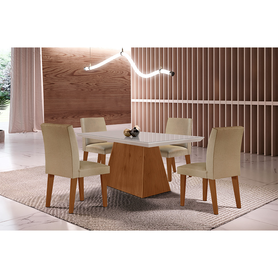 Conjunto de Mesa de Jantar Retangular com Tampo de Vidro Off White Luna e 4 Cadeiras Grécia Linho Bege e Imbuia