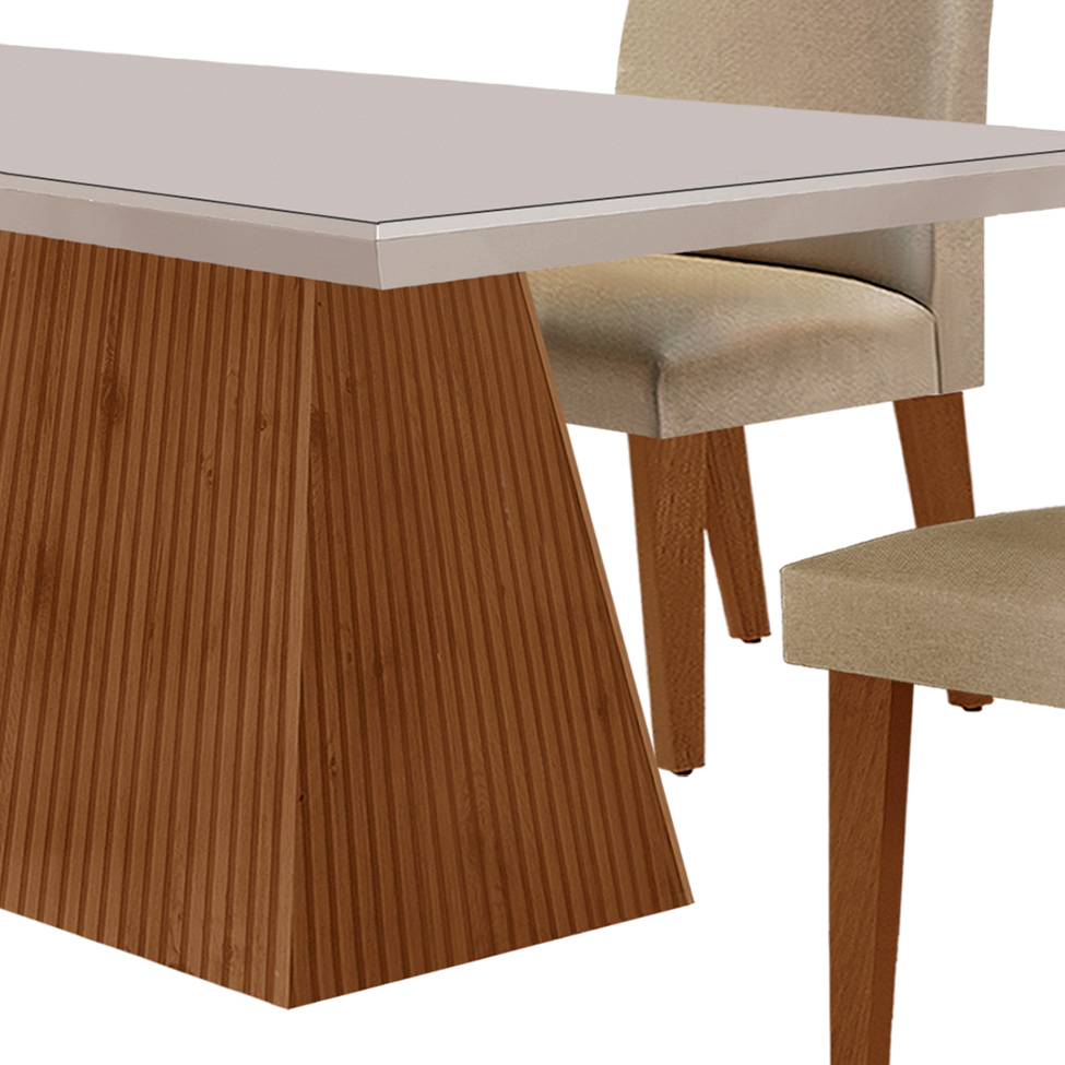 Conjunto de Mesa de Jantar Retangular com Tampo de Vidro Off White Luna e 4 Cadeiras Grécia Linho Bege e Imbuia