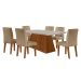 Conjunto de Mesa de Jantar Retangular com Tampo de Vidro Off White Luna e 6 Cadeiras Grécia Linho Bege e Imbuia