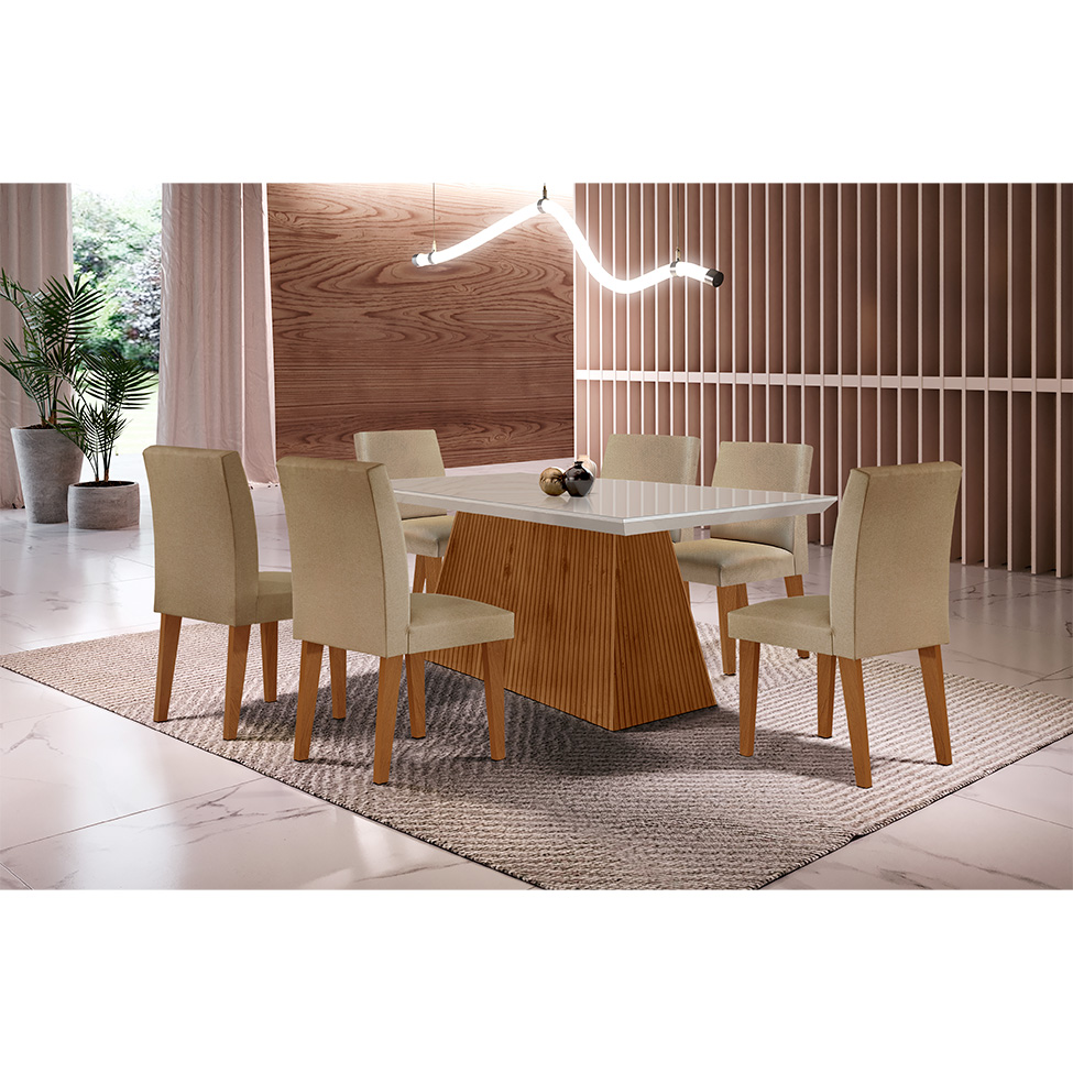 Conjunto de Mesa de Jantar Retangular com Tampo de Vidro Off White Luna e 6 Cadeiras Grécia Linho Bege e Imbuia
