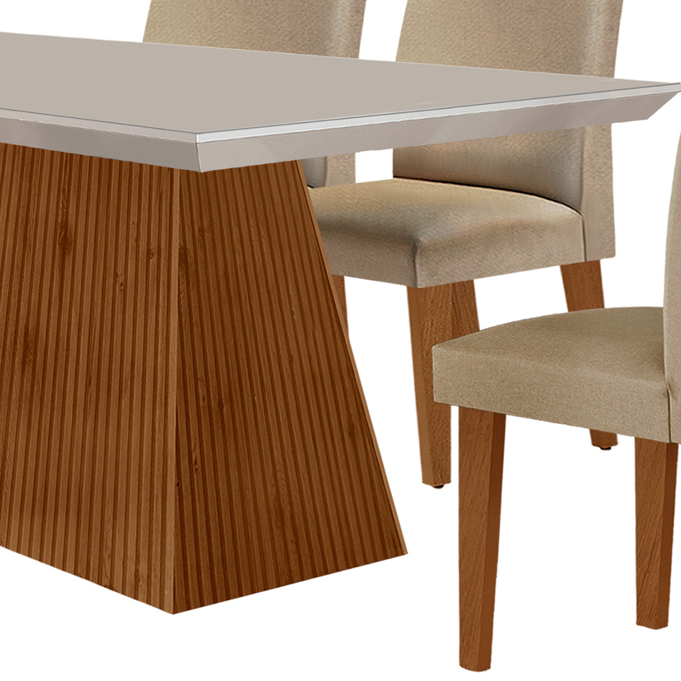 Conjunto de Mesa de Jantar Retangular com Tampo de Vidro Off White Luna e 6 Cadeiras Grécia Linho Bege e Imbuia