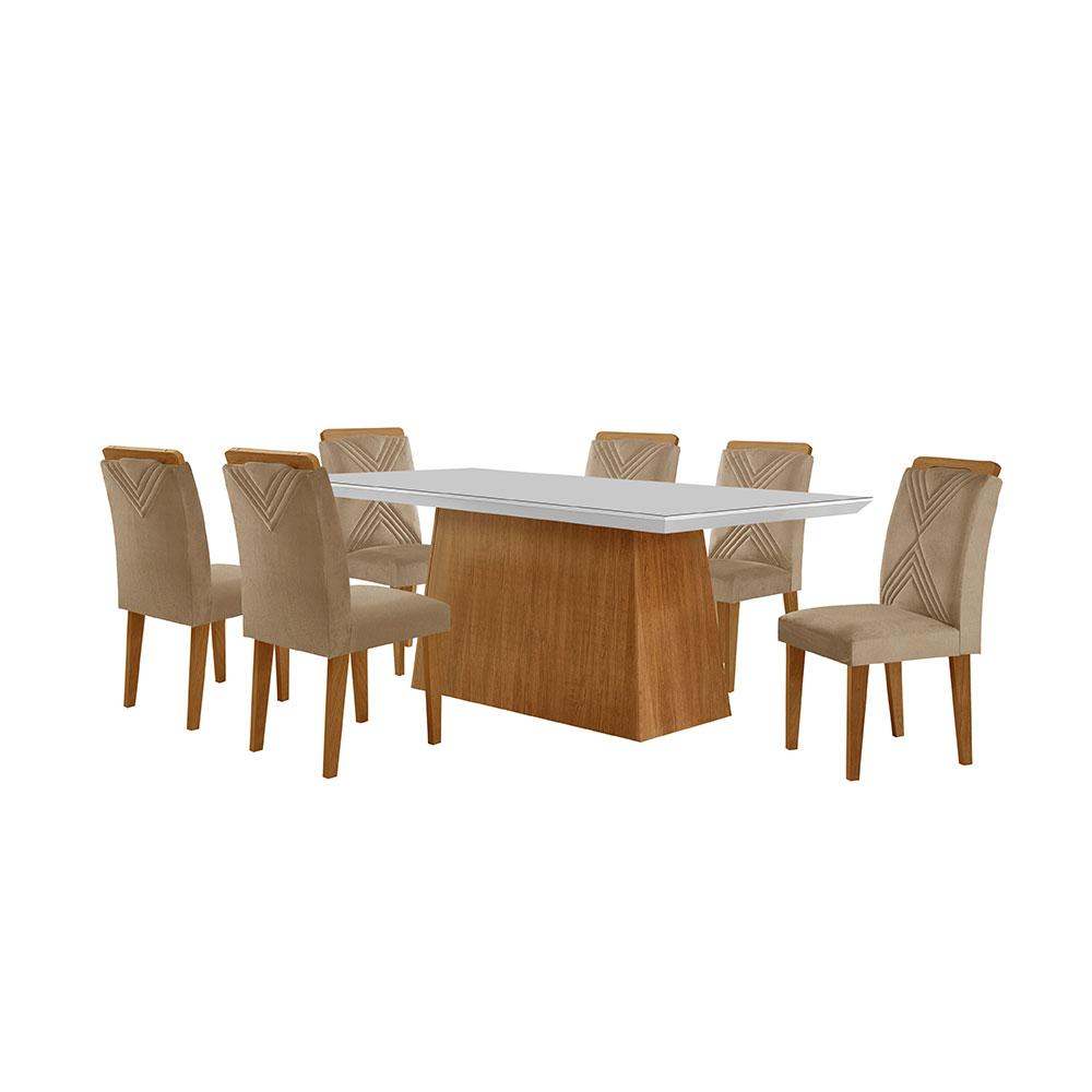 Conjunto de Mesa de Jantar Retangular com Tampo de Vidro Off White Luna e 6 Cadeiras Italia Linho Bege e Imbuia