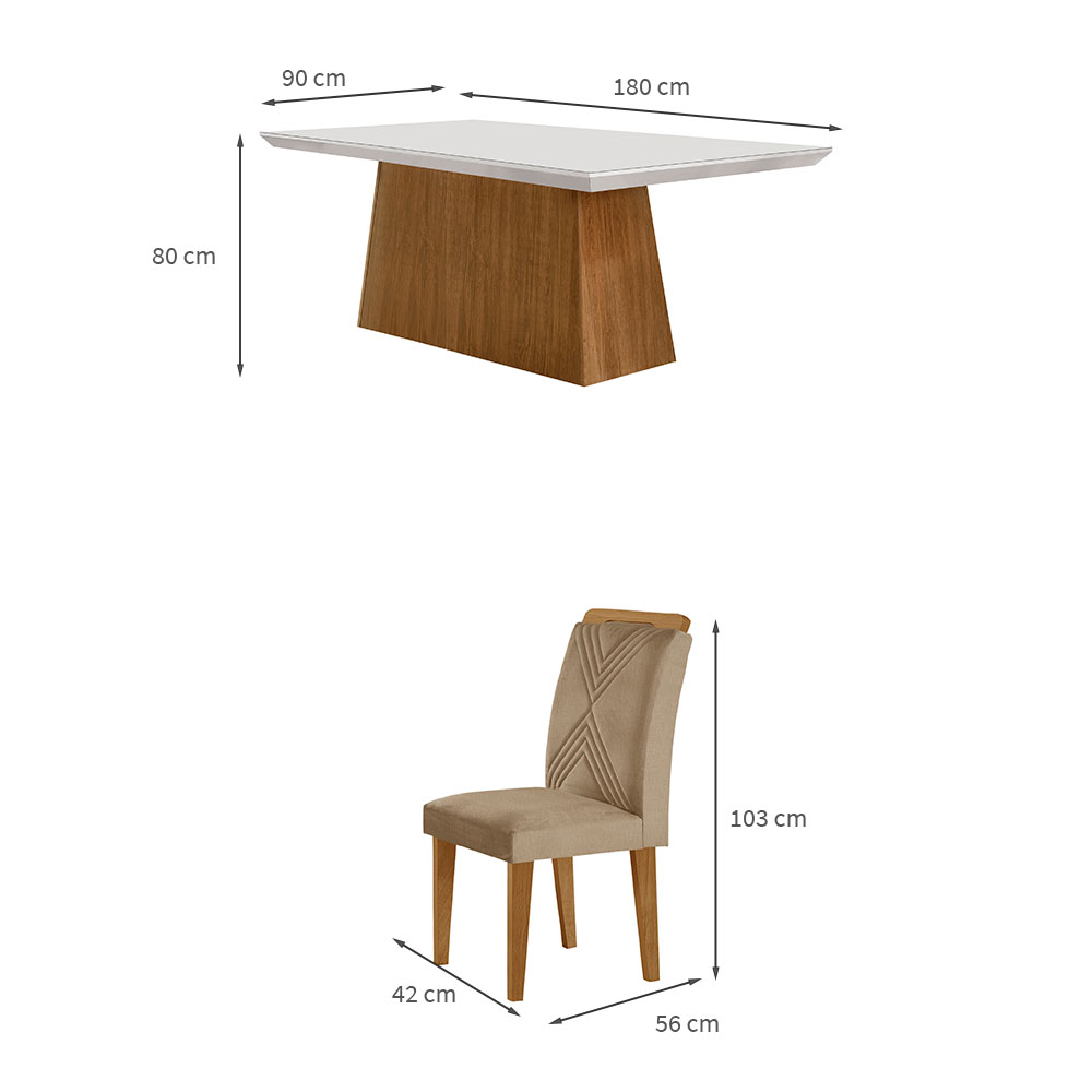 Conjunto de Mesa de Jantar Retangular com Tampo de Vidro Off White Luna e 6 Cadeiras Italia Linho Bege e Imbuia