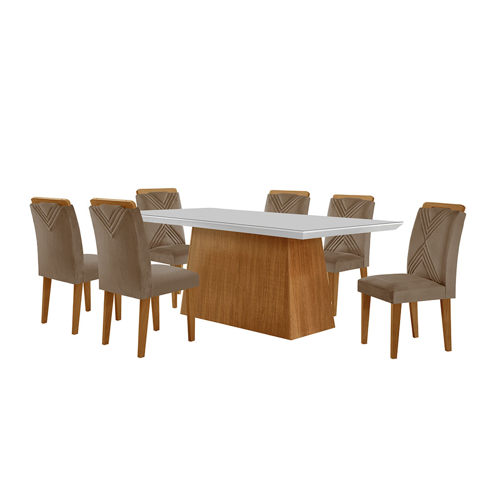 Conjunto de Mesa de Jantar Retangular com Tampo de Vidro Off White Luna e 6 Cadeiras Italia Veludo Capuccino e Imbuia