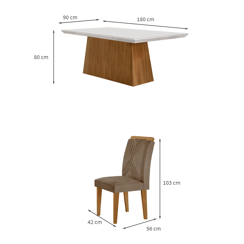 Conjunto de Mesa de Jantar Retangular com Tampo de Vidro Off White Luna e 6 Cadeiras Italia Veludo Capuccino e Imbuia