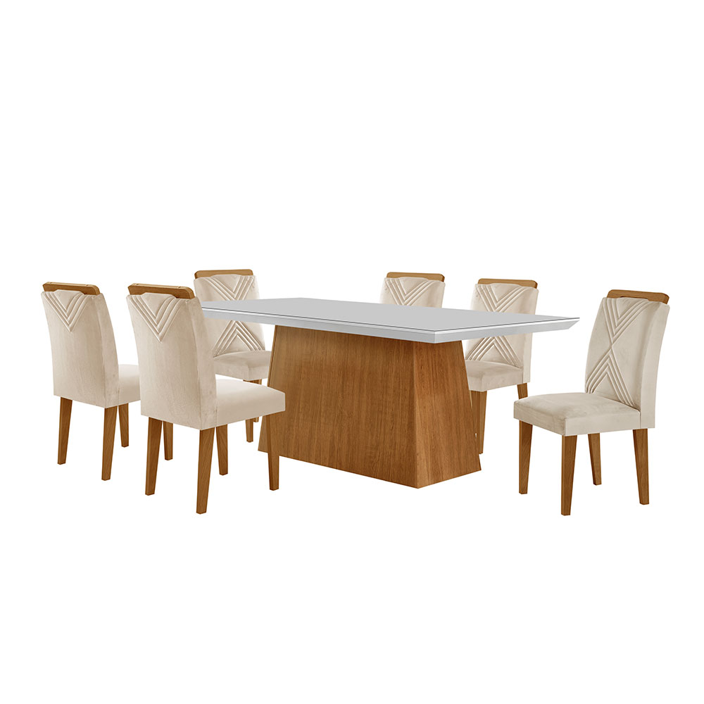 Conjunto de Mesa de Jantar Retangular com Tampo de Vidro Off White Luna e 6 Cadeiras Italia Veludo Creme e Imbuia