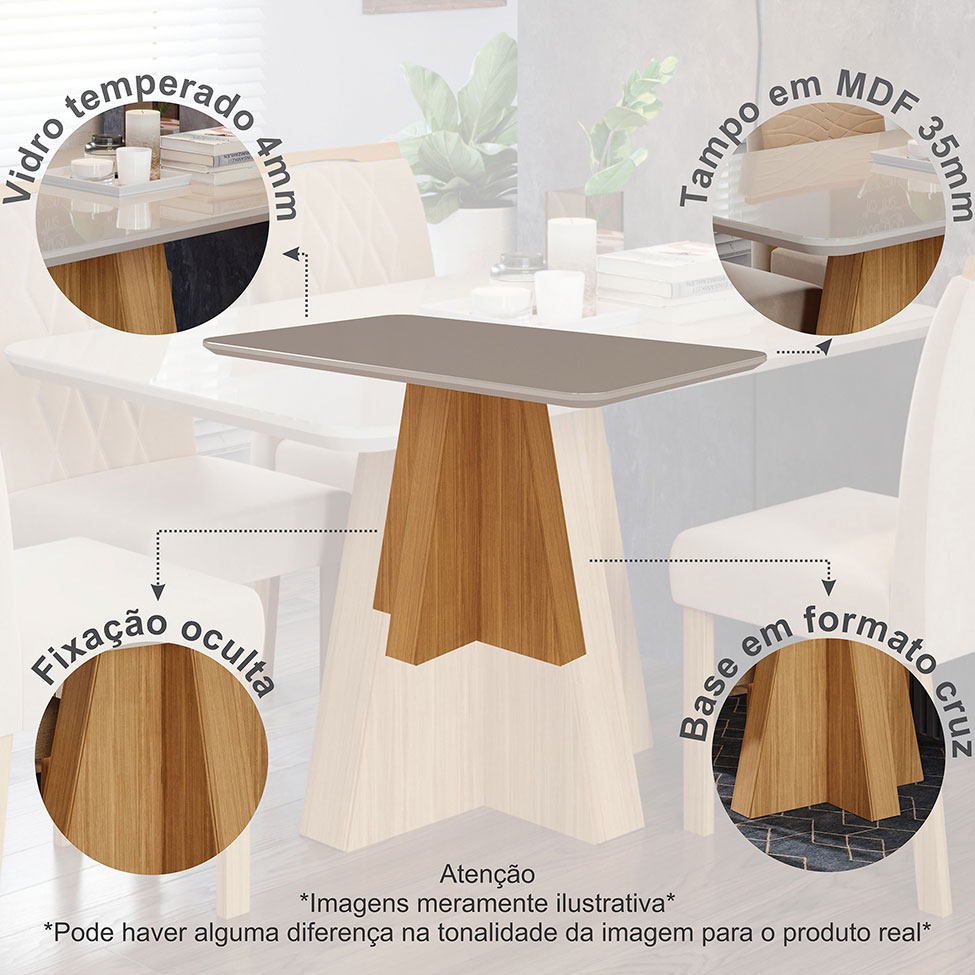Conjunto de Mesa de Jantar Retangular com Tampo de Vidro Off White Maite e 4 Cadeiras Paola Suede Joli e Nature