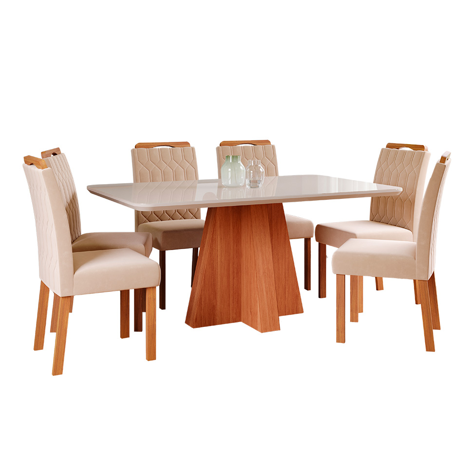 Conjunto de Mesa de Jantar Retangular com Tampo de Vidro Off White Maite e 6 Cadeiras Paola Suede Nude e Cinamomo