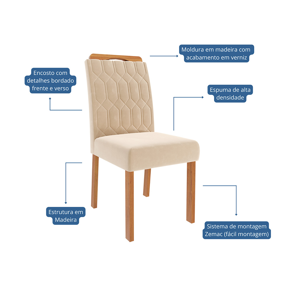 Conjunto de Mesa de Jantar Retangular com Tampo de Vidro Off White Maite e 6 Cadeiras Paola Suede Nude e Cinamomo