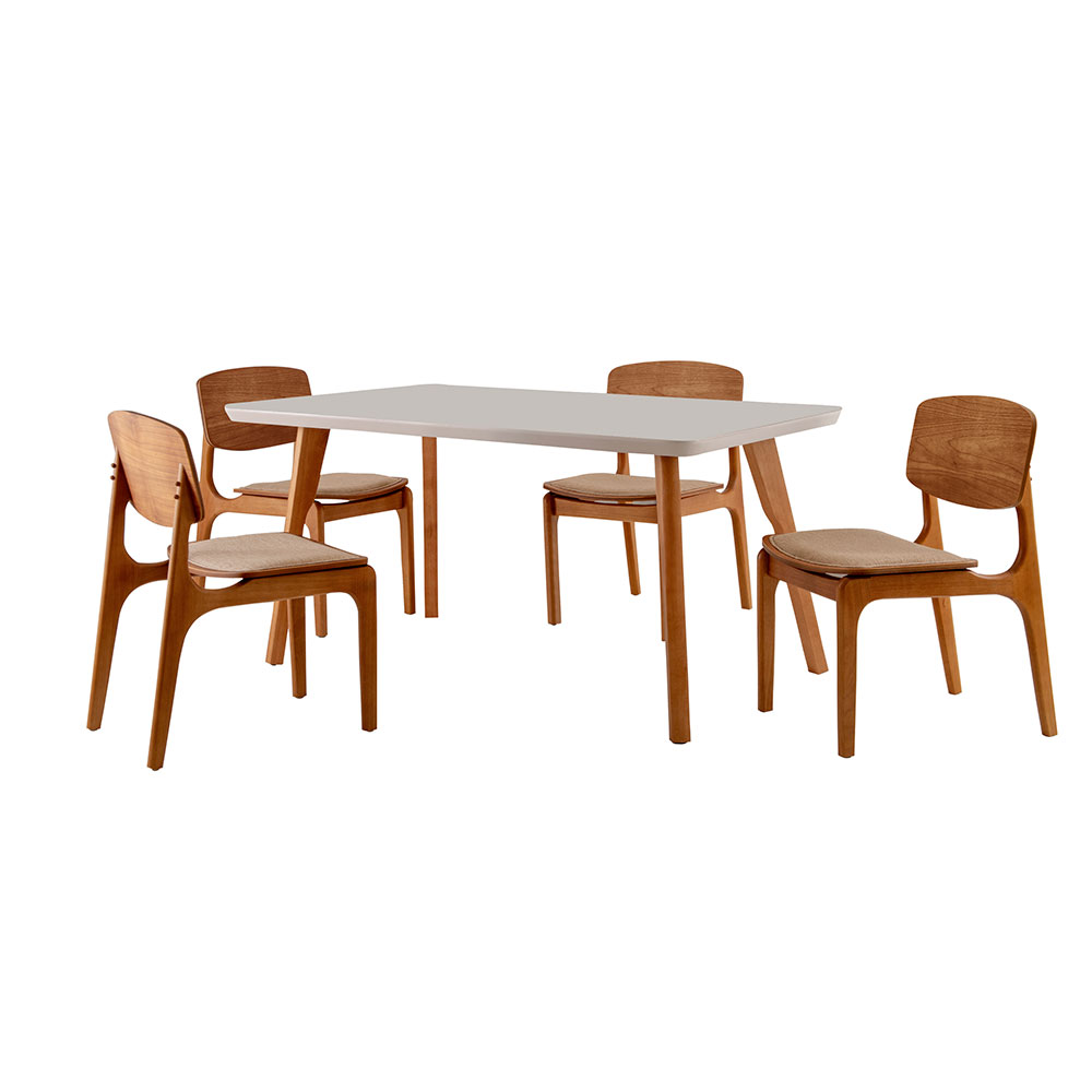 Conjunto de Mesa de Jantar Retangular com Tampo de Vidro Off White Prada e 4 Cadeiras Prada Gold Linho Palha e Imbuia