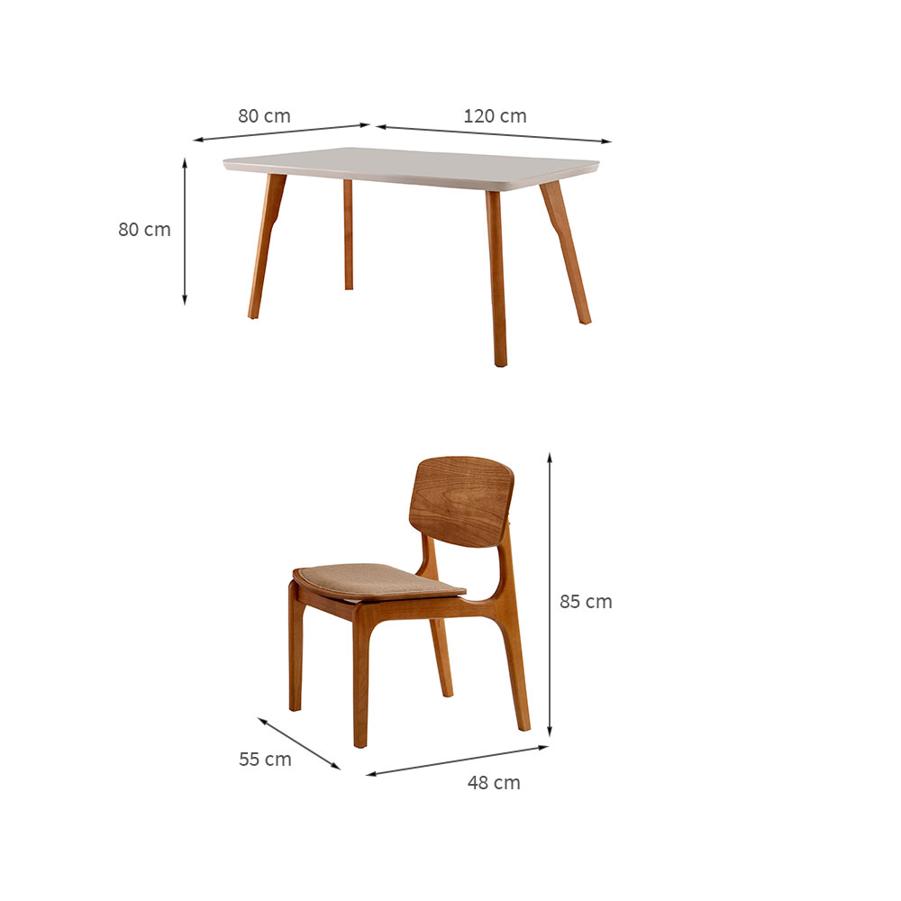 Conjunto de Mesa de Jantar Retangular com Tampo de Vidro Off White Prada e 4 Cadeiras Prada Gold Linho Palha e Imbuia