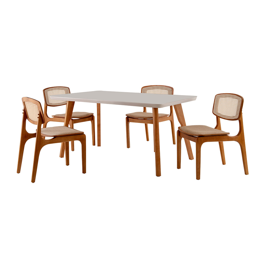 Conjunto de Mesa de Jantar Retangular com Tampo de Vidro Off White Prada e 4 Cadeiras Prada Premium Linho Palha e Imbuia