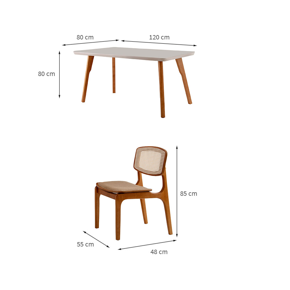 Conjunto de Mesa de Jantar Retangular com Tampo de Vidro Off White Prada e 4 Cadeiras Prada Premium Linho Palha e Imbuia